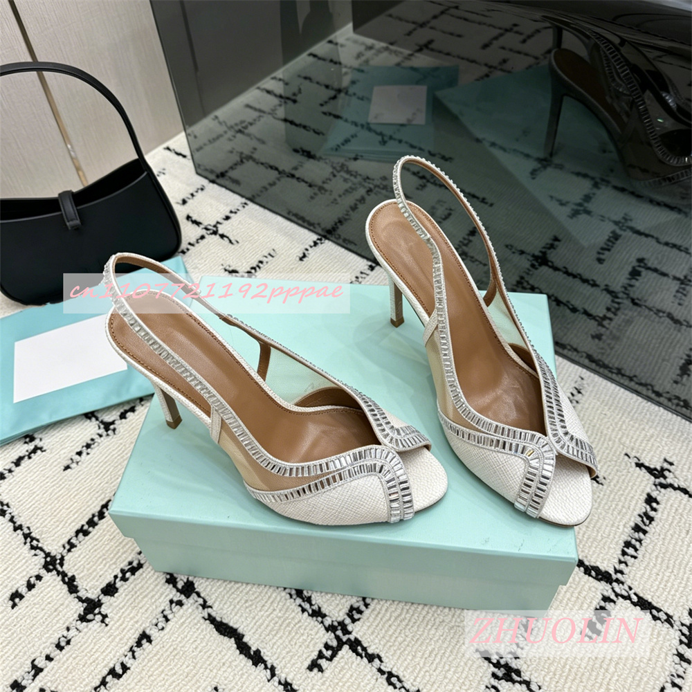 Kids Shoes Women - 高級本革ハイヒールサンダル女性織りラインストーントリムオープントゥ薄型スティレットエレガントな結婚式のサマードレスシューズ