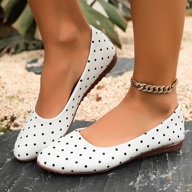 Loafer Flat Women - レディース ホワイト ポルカドット フラットシューズ ラウンドトゥ 1.5CM