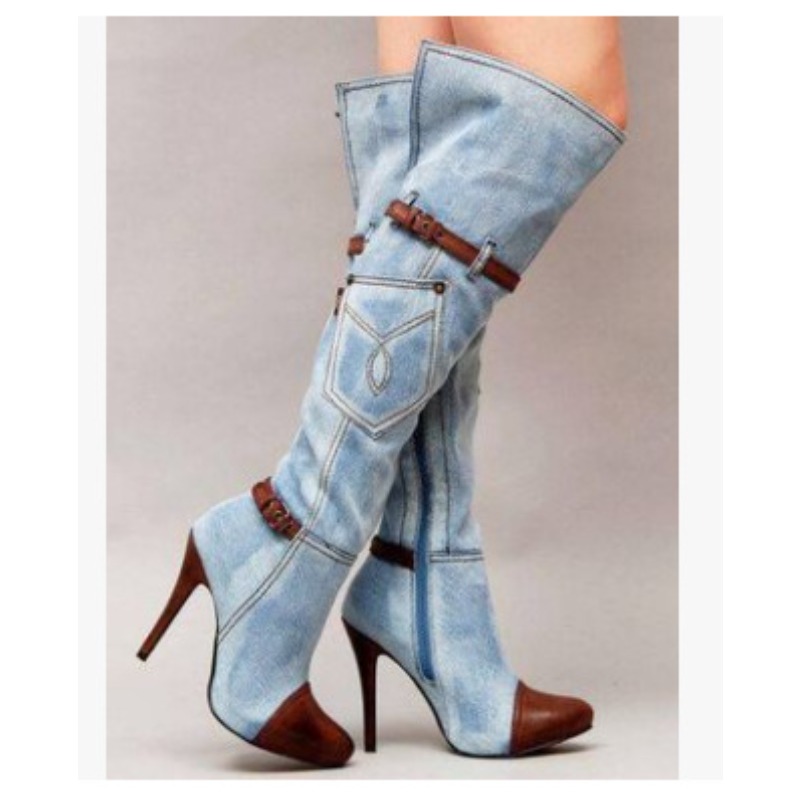 High Knee Heel Boots - 女性の膝上デニムブーツ,ハイヒール,セクシー,バックル,ストラップ,プラットフォーム,ロングブーツ,秋冬