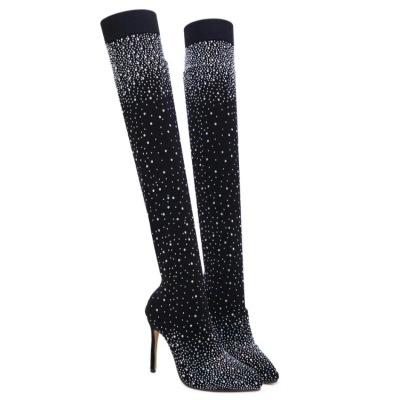 Sock Boot Women - セクシーな膝上ブーツ女性のためのストレッチ女性靴下ブーツラインストーン女性ハイヒール高級レディースシューズロング Bota Ş Mujer