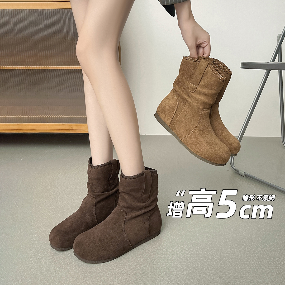Sock Boot Women - レトロな重ね履き風レディースブーツ 2025 秋冬 ウェスタンショートブーツ ラウンドトゥ スリーブレディースブーツ