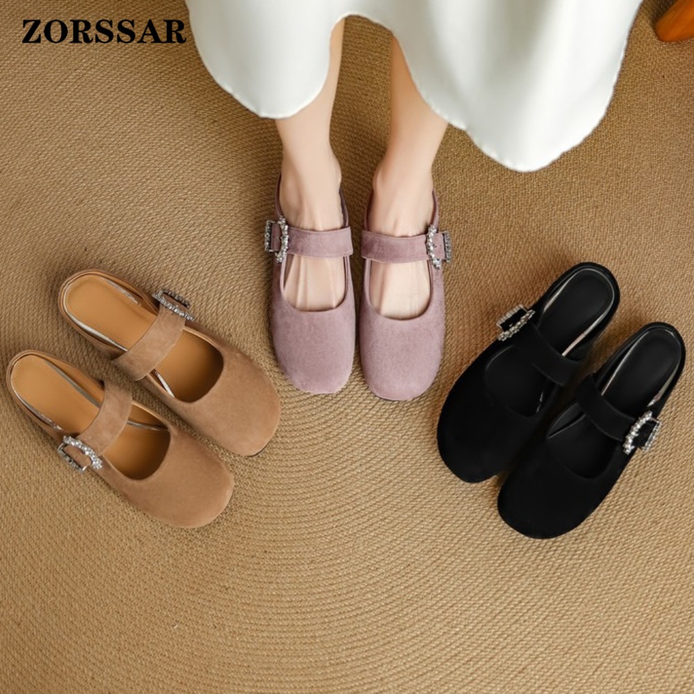 Kids Shoes Women - レディース スエード フラット メリージェーン ミュール スリッパ、ラウンドトゥ