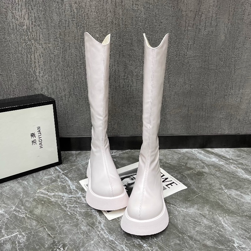 High Knee Heel Boots - 2025年秋冬ファッションジッパーデザインレジャーニーブーツ、レディース新作シンプル無地プラットフォーム滑り止めハイブーツ。