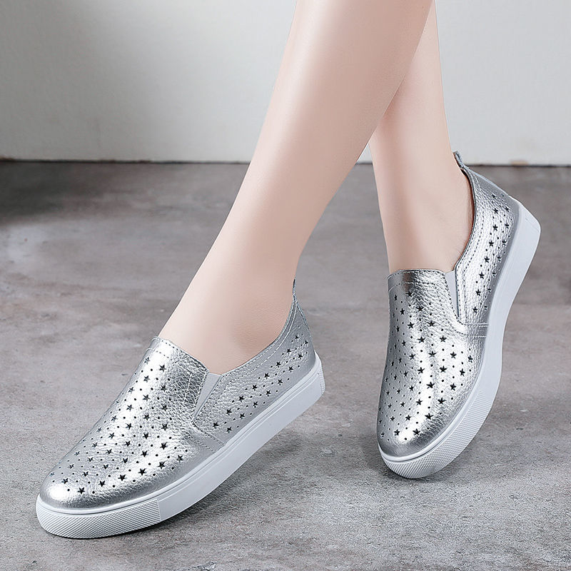 Women'S Shoes For Standing All Day - 春夏シルバーフラット中空アウト女性の白ローファー床革ボートシューズ快適な女性の一日中立っているのに最適なフラット