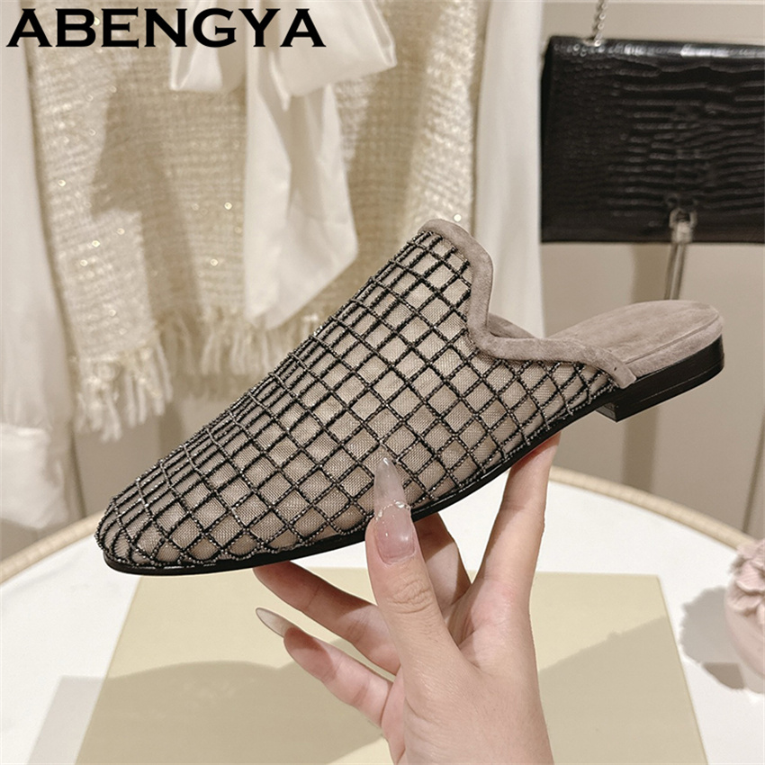 Loafer Flat Women - 光沢のあるレースメッシュラウンドトゥフラットスリッパ レディース ブリンブリン ローヒール ローファーシューズ 夏