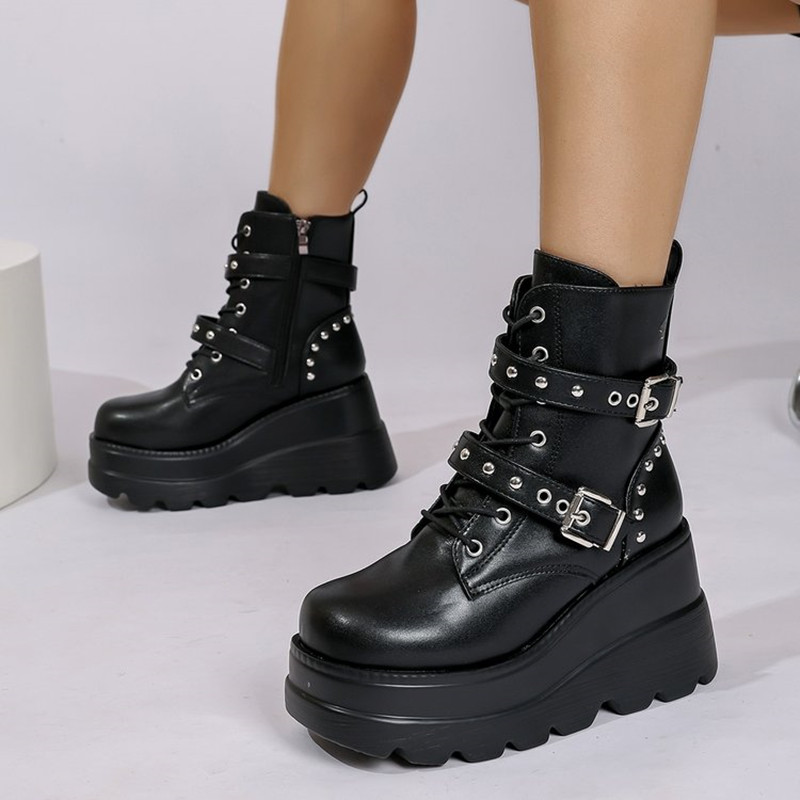 Block Heel Ankle Boots - 女性革アンクルブーツ女性 2026 新秋冬ラウンドトゥレースアップシューズ女性オートバイプラットフォームゴシックブーツコスプレ