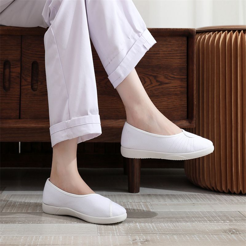 Women'S Shoes For Standing All Day - 柔らかい布製ワークシューズ レディース ホワイト フラットソール 通気性のあるキャンバス 快適な看護師用スニーカー