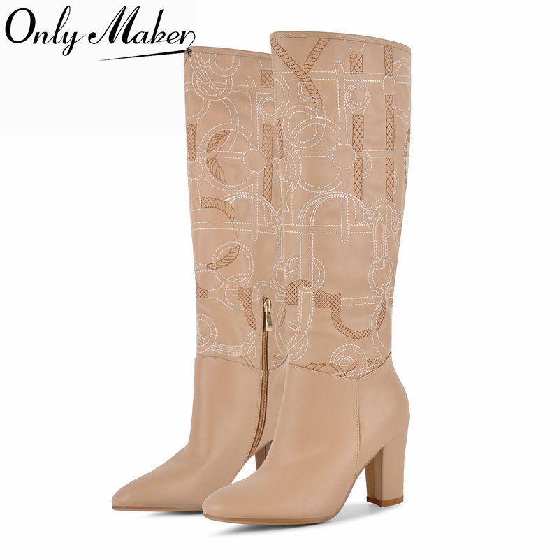 Block Heel Ankle Boots - Onlymaker アプリコット刺繍入りニーハイブーツ ラウンドトゥ ブロックヒール サイドジッパー フェイクレザー