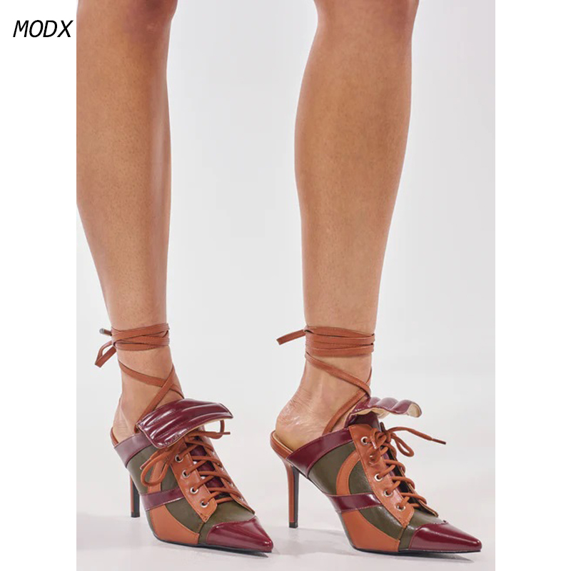 Block Heel Ankle Boots - 2026年新作 レディース レトロカラーブロック パッチワーク ミュールヒール ポインテッドトゥ