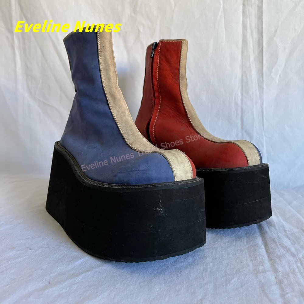 Block Heel Ankle Boots - Y2K レッドブループラットフォームアンクルブーツラウンドトゥサイドジッパーカラーブロックゴシックレトロストリートファッションカジュアルシューズ 2026 トレンド