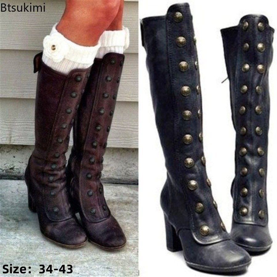 High Knee Heel Boots - レトロブラックファッションリベット装飾ブーツチャンキーヒールニーハイスリップオンシューズ女性用ナイトブーツ秋ザパトスパラムヘレ