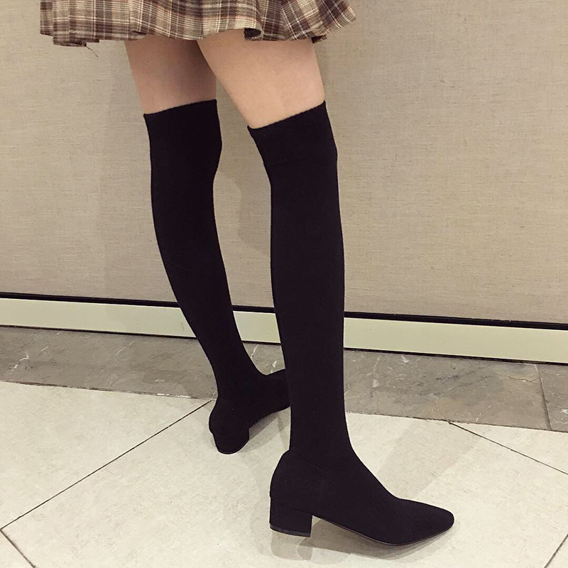 Sock Boot Women - 黒のローヒールシューズ、女性用ストレッチソックス、オーバーニーブーツ、秋のポインテッドトゥ、格安シューズ、グレーのニットロングブーツ、ブロックシューズ