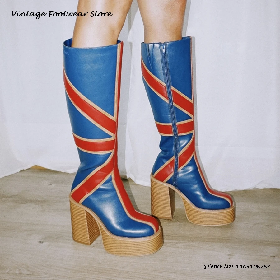 High Knee Heel Boots - パッチワークレザー Platfrom ニーブーツ英国スタイルラウンドトゥチャンキーヒールブーツ春秋身長増加ウエスタンブーツ