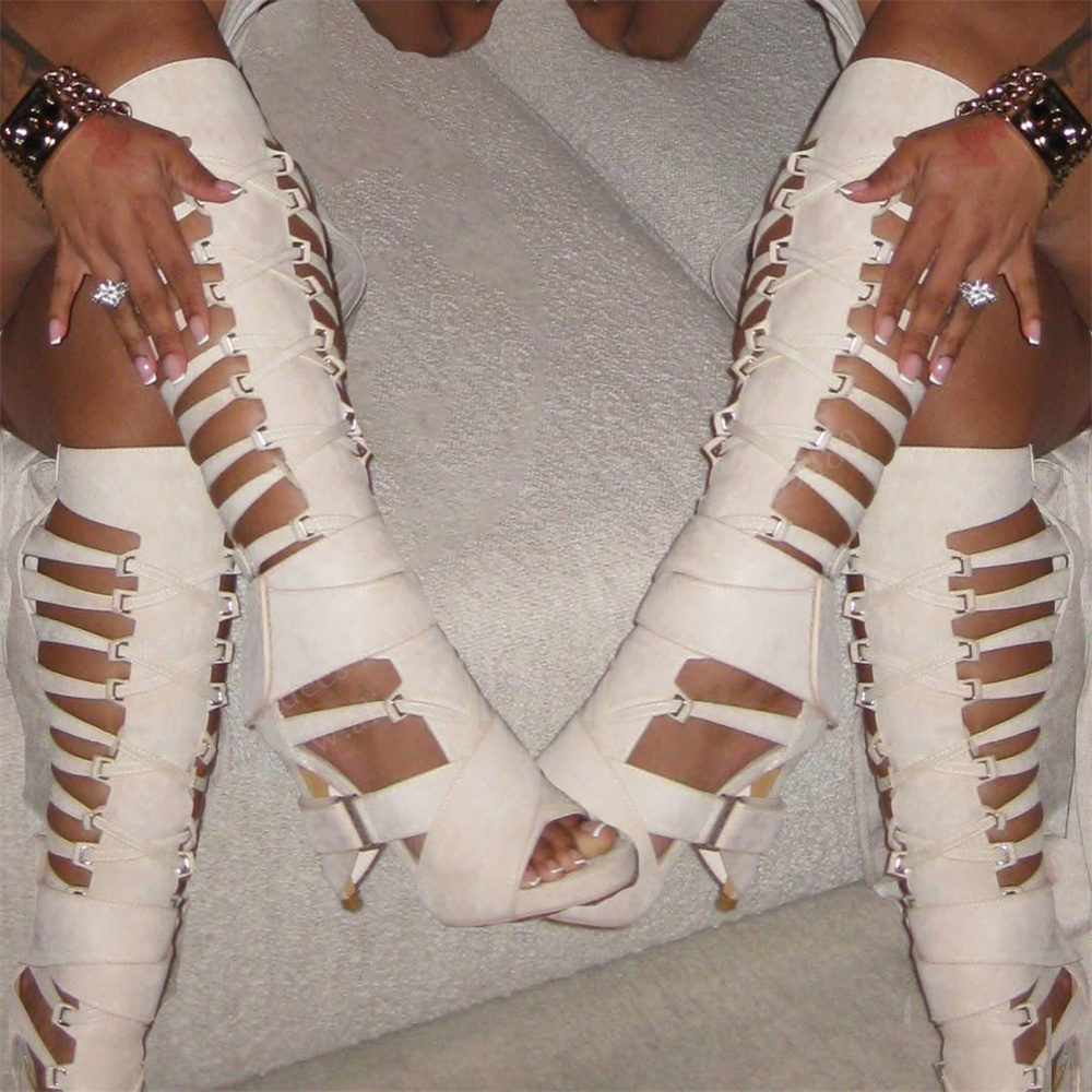 High Knee Heel Boots - グラディエーター ホローベルトバックル ニーハイブーツ 2026 夏新作 オープントゥ