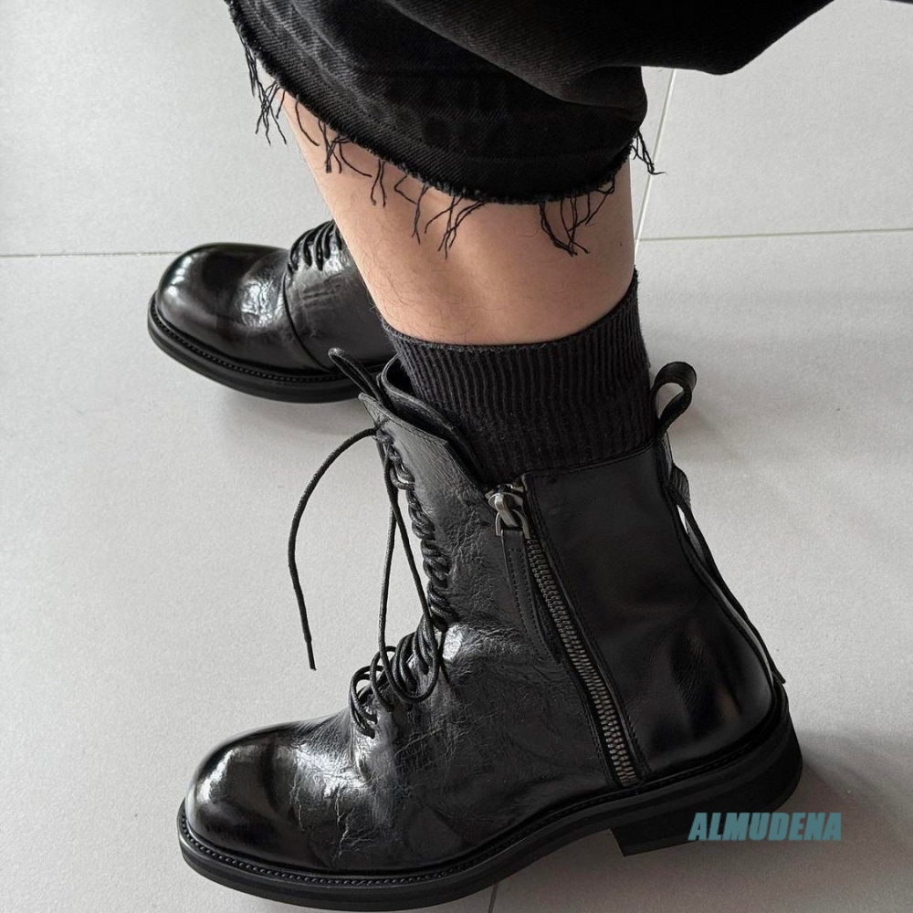 Block Heel Ankle Boots - ソリッドブラックストリートスタイルメンズハイカットアンクルブーツ、レースアップサイドジッパー、ブロックヒール、アウトドア、トレンディ、多用途、パンクスタイルショートブーツ
