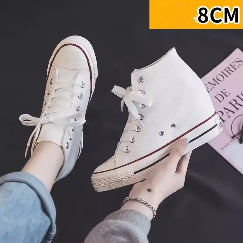 Block Heel Ankle Boots - 女性用ハイ8cmプラットフォームキャンバスシューズ、隠しヒール、ハイカットカジュアルシューズ、ファッショナブルな厚底ウェッジスニーカー