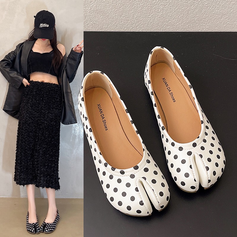 Women'S Shoes For Standing All Day - レディース スプリットトゥ フラットシューズ 水玉模様 スリッポン 滑り止め