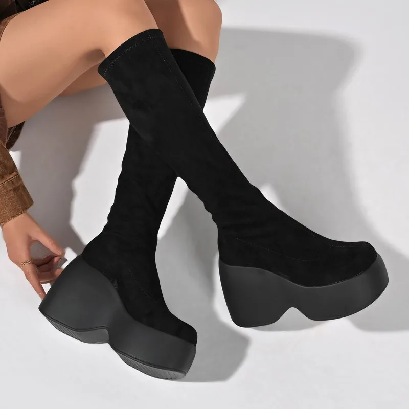 Sock Boot Women - 冬の新作スキニープラスサイズストレッチソックスブーツ、スーパーハイヒールプラットフォーム、カウスエードファッション、トールブーツ