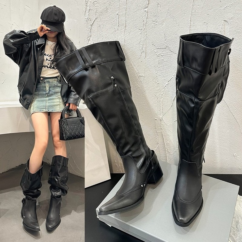 Block Heel Ankle Boots - ラップシングルブーツ女性春夏ポインテッドトゥスタッズメタルバックルサイドジッパーなし膝ブロックヒールブーツ