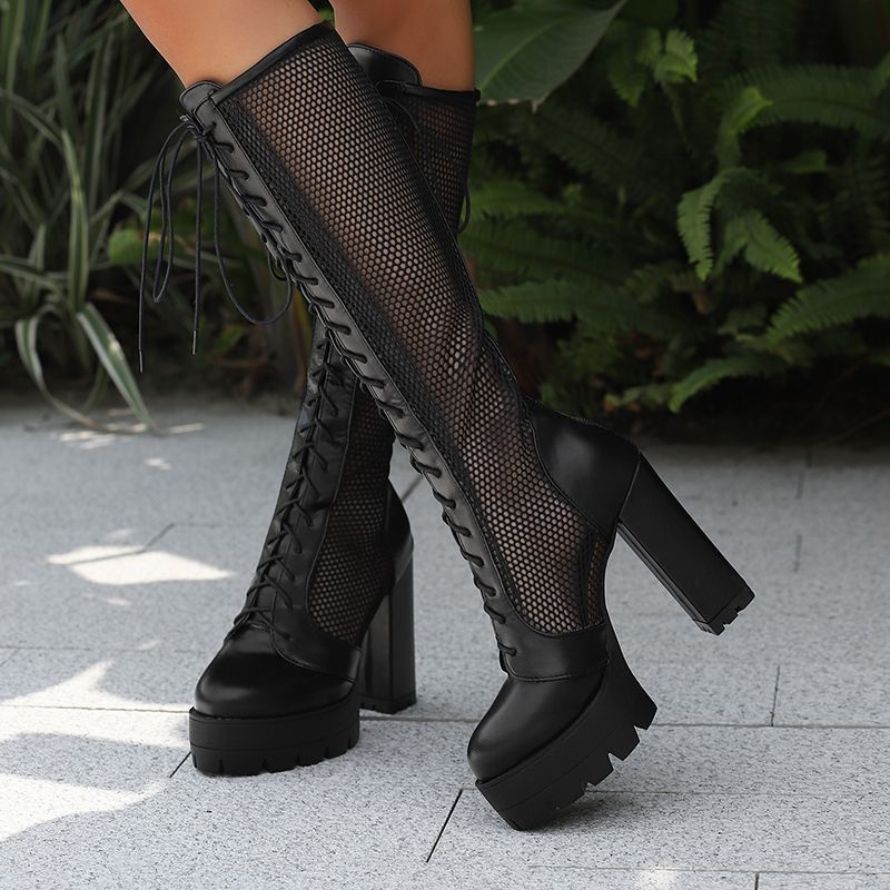 High Knee Heel Boots - ORCHA LISA セクシーなレディースニーハイブーツ ラウンドトゥ 12cmブロックヒール 4cmプラットフォーム