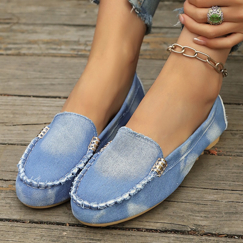 Loafer Flat Women - ファッションライトブルーデニムモカシン、メタルバックル付きスリッポンフラットローファー、カジュアルで快適なデイリーシューズ