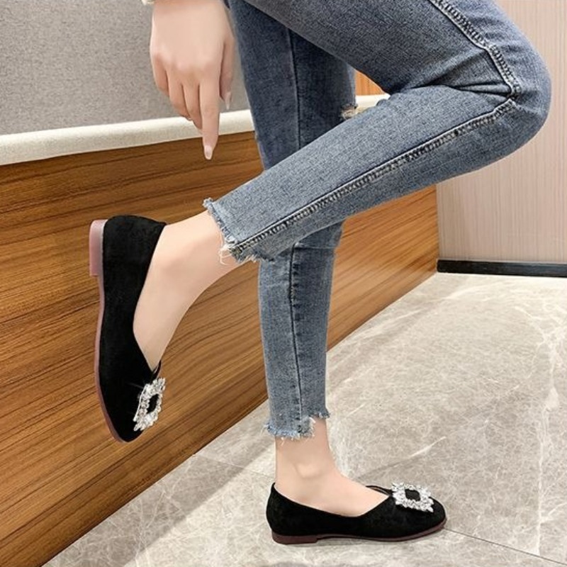 Women'S Shoes In Wide Width - 35-42 レディースワイド幅フラットシューズクリスタル装飾スクエアトゥ浅いカットソフトソール春秋フレンチスタイルファッション