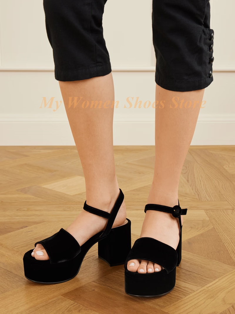 Kids Shoes Women - チャンキーヒールスエードプラットフォームサンダル女性ソリッドブラックオープントゥアンクルバックルストラップ 2026 新着ファッションドレスシューズ手作り