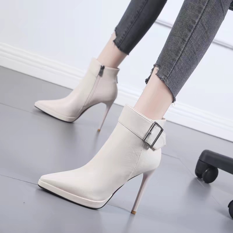 Block Heel Ankle Boots - 新しい冬用ポインテッドトゥハイヒール＆アンクルブーツ、ベルベット素材のブーツ、ヨーロッパで人気のシングルブーツ