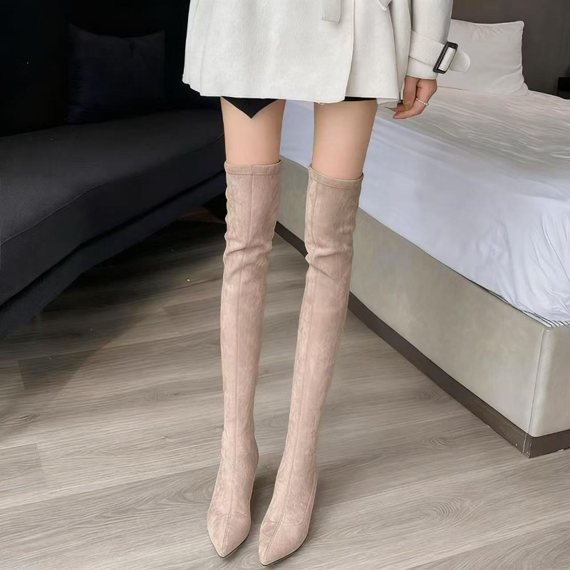 Sock Boot Women - セクシーなレディースブーツ、ポインテッドトゥ、ニーハイブーツ、スクエアヒール、暖かいハイブーツ、伸縮性のあるソックシューズ、レディース用スエードバックジップパンプス