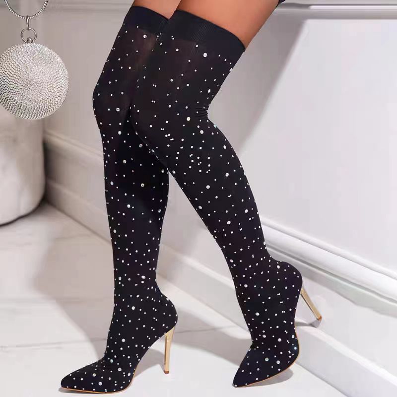 Sock Boot Women - ラインストーン付きスリムレッグストレッチソックスブーツ レディース 2025 夏秋 メッシュ ハイヒール