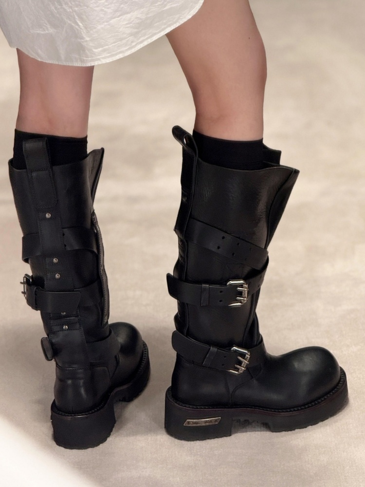 Women'S Shoes Paris - ベルトバックル付きブラックレザーバイクブーツ パリファッション アップターンロングブーツ レトロヴィンテージニーハイブーツ メンズ＆レディース