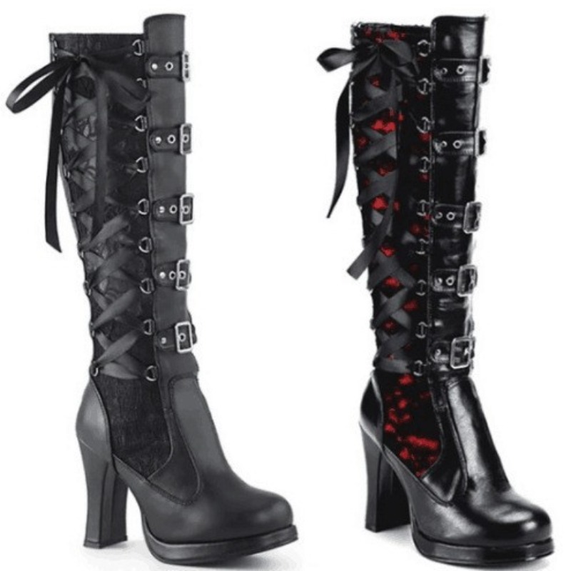 High Knee Heel Boots - パンクゴシックスタイルの女性のニーハイブーツレディースオートバイブーツコンフォートロングチューブナイトブーツプラットフォームハイヒール女性の靴