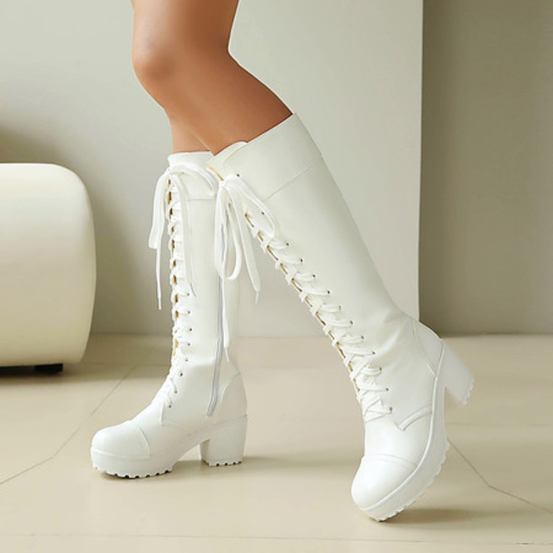 High Knee Heel Boots - レディース ニーハイ レースアップ コンバットブーツ チャンキー プラットフォーム