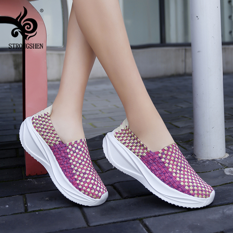 Loafer Flat Women - 女性織り靴ローファープラットフォーム手作り弾性スリップオンカジュアルウェッジシューズ女性靴ソフトザパトスプラスサイズ 42
