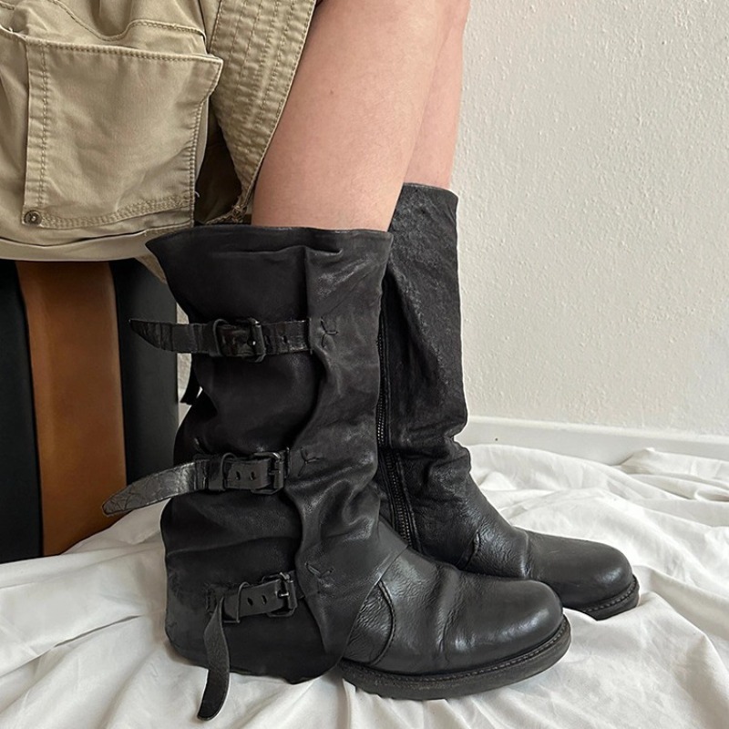 High Knee Heel Boots - 古典的な女性の靴レトロ高級本革ナイトブーツ女性のためのファッションプラットフォームだらしないブーツデザイナーシューズボタスムジェ