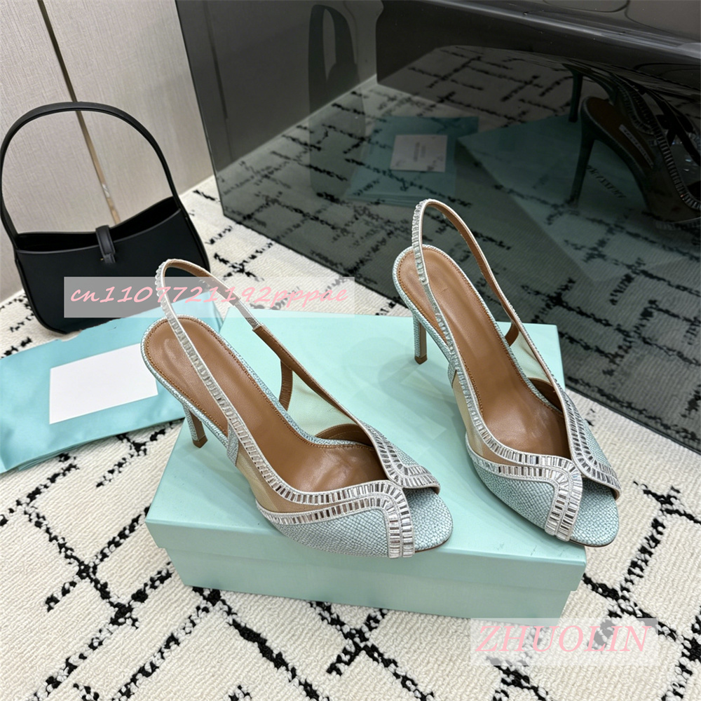 高級本革ハイヒールサンダル女性織りラインストーントリムオープ - Kids Shoes Women のレビューと価格