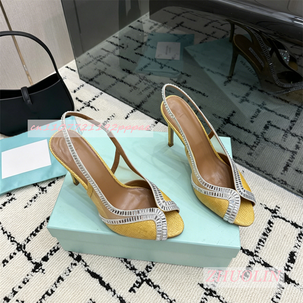 高級本革ハイヒールサンダル女性織りラインストーントリムオープ - Kids Shoes Women のレビューと価格