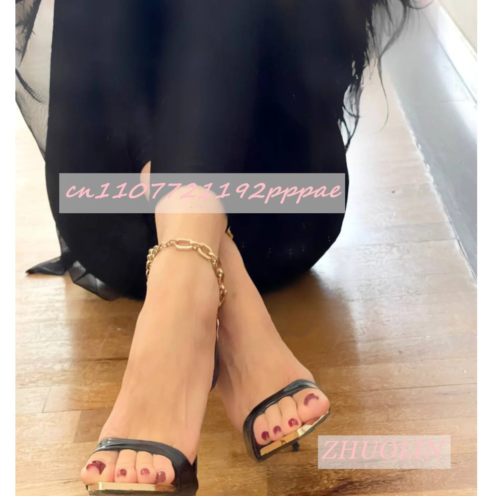 女性のメタルポインテッドブラックハイヒール夏アンクルメタルチ - Kids Shoes Women のレビューと価格