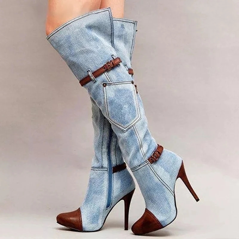 女性の膝上デニムブーツ,ハイヒール,セクシー,バックル,スト - High Knee Heel Boots のレビューと価格