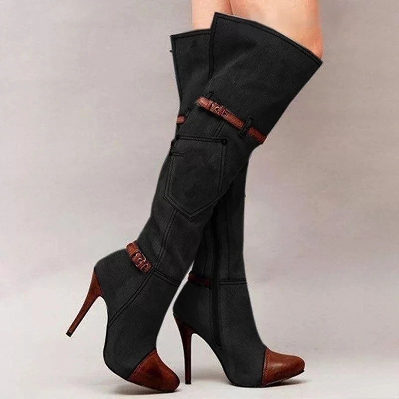 女性の膝上デニムブーツ,ハイヒール,セクシー,バックル,スト - High Knee Heel Boots のレビューと価格