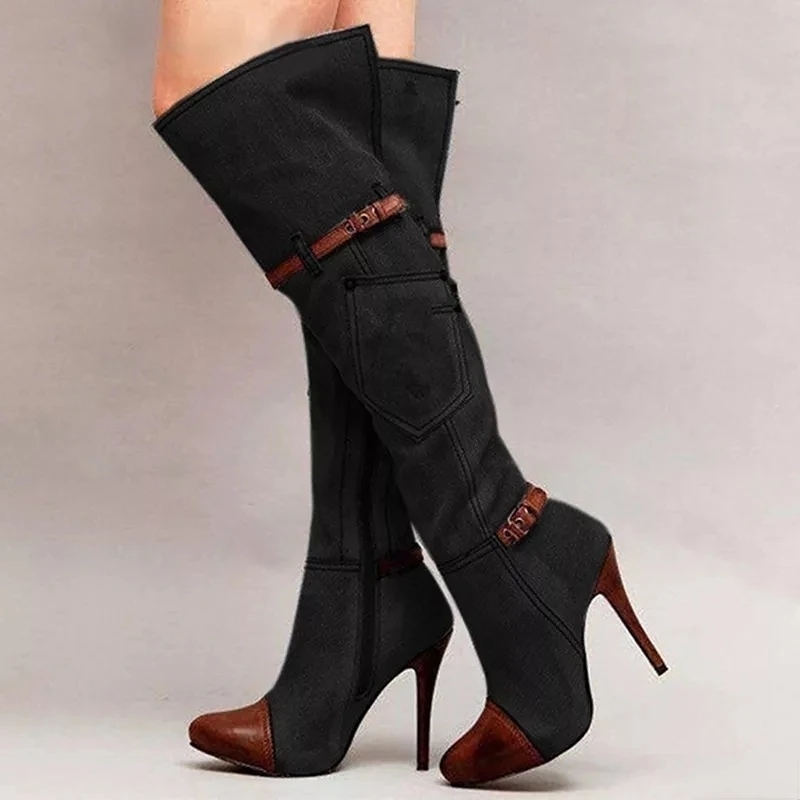女性の膝上デニムブーツ,ハイヒール,セクシー,バックル,スト - High Knee Heel Boots のレビューと価格