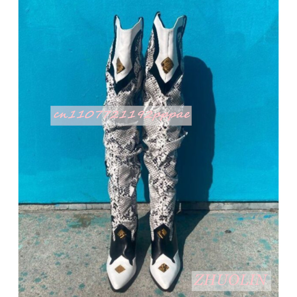 冬刺繍入りスネーク柄オーバーザニーブーツポインテッドトゥ太い - Sock Boot Women のレビューと価格