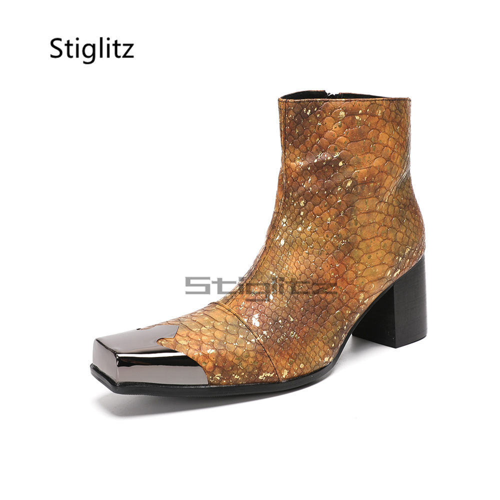 ゴールデンブラウンのスネークプリントメンズアンクルブーツ、メ - Block Heel Ankle Boots のレビューと価格
