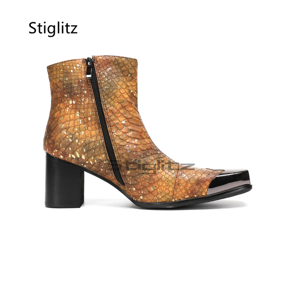 ゴールデンブラウンのスネークプリントメンズアンクルブーツ、メ - Block Heel Ankle Boots のレビューと価格