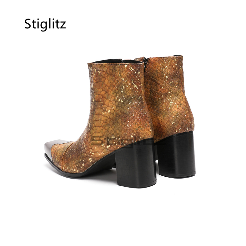 ゴールデンブラウンのスネークプリントメンズアンクルブーツ、メ - Block Heel Ankle Boots のレビューと価格