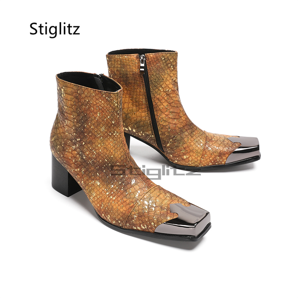 ゴールデンブラウンのスネークプリントメンズアンクルブーツ、メ - Block Heel Ankle Boots のレビューと価格