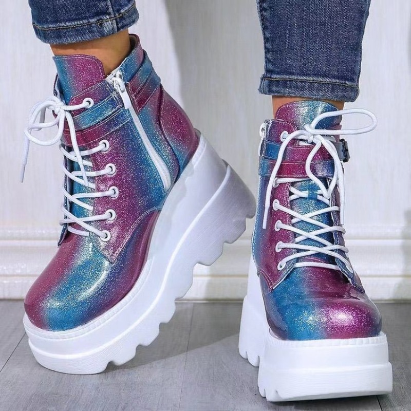 女性のピンクのホログラフィックプラットフォームアンクルブーツ - Block Heel Ankle Boots のレビューと価格