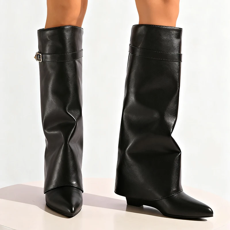 黒のPUレザーニーハイブーツ レディース セクシー ポインテ - High Knee Heel Boots のレビューと価格