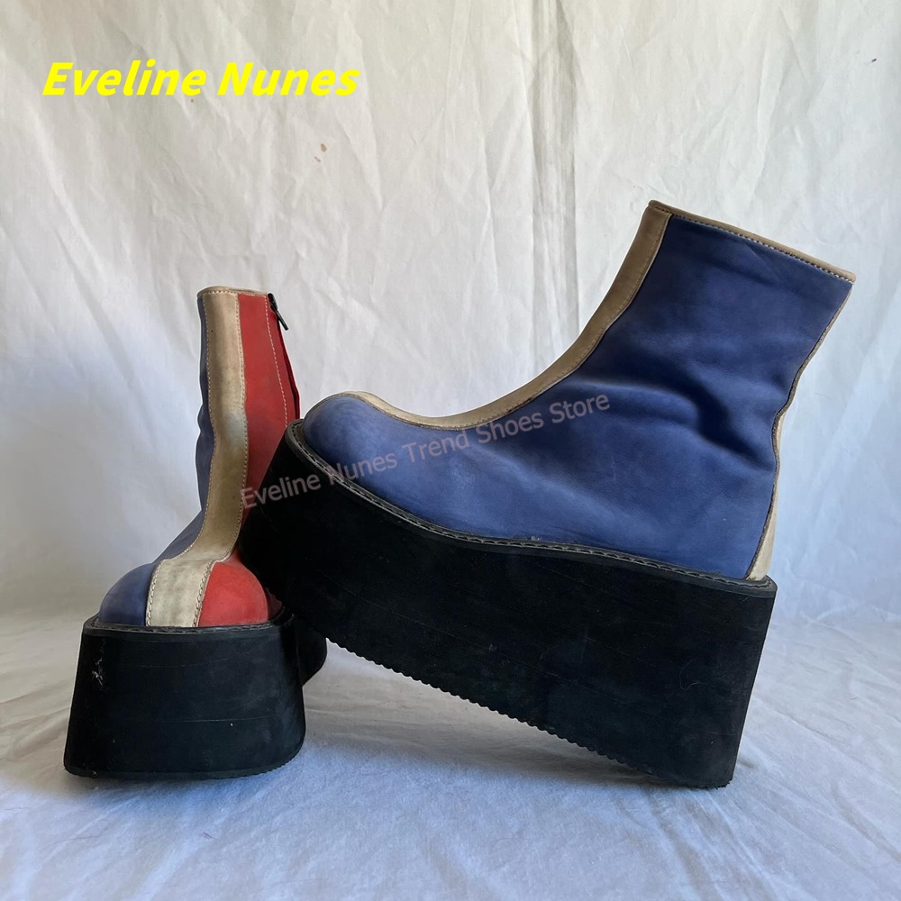 Y2K レッドブループラットフォームアンクルブーツラウンドト - Block Heel Ankle Boots のレビューと価格