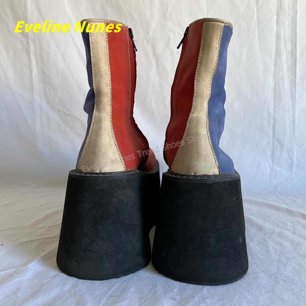 Y2K レッドブループラットフォームアンクルブーツラウンドト - Block Heel Ankle Boots のレビューと価格
